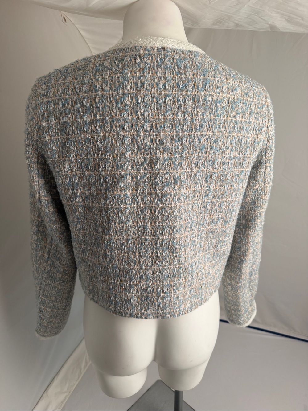 Olivaceous light blue multicolor tweed satin lined boxy blazer - Picture 4 of 9